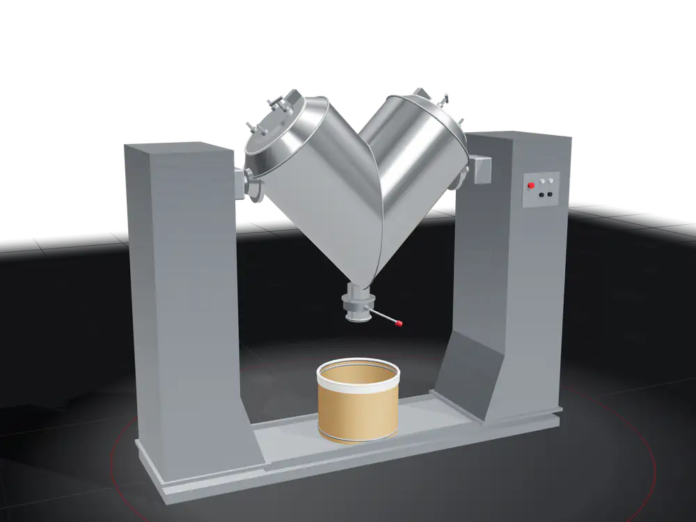 A small V-blender in a stainless cabinet, emptying into a lined drum