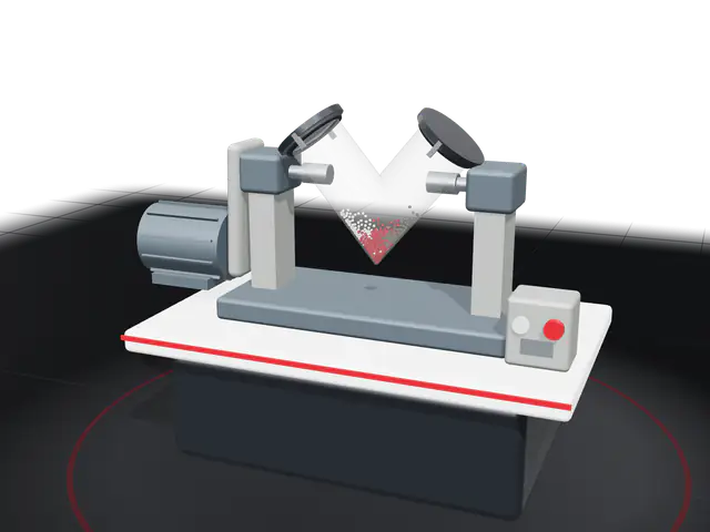 A small clear V-shaped lab blender on a bench, tumbling a pink sample blend
