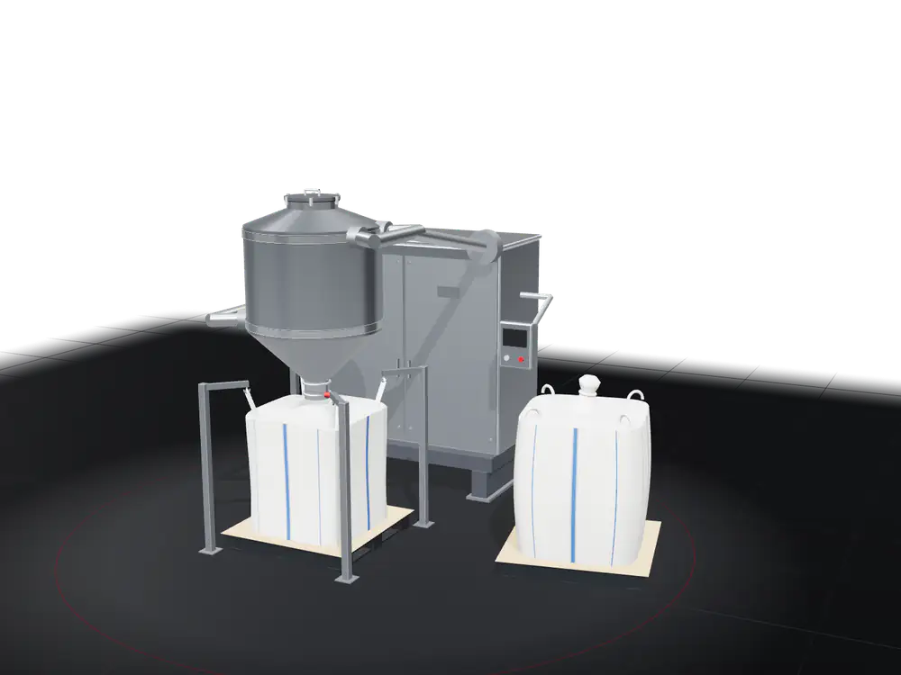 A stainless tumbler with articulated yokes and an enclosed drive cabinet; illustrative multidirectional motion