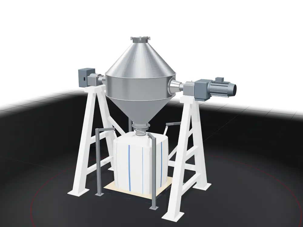 A cone blender tumbling end over end