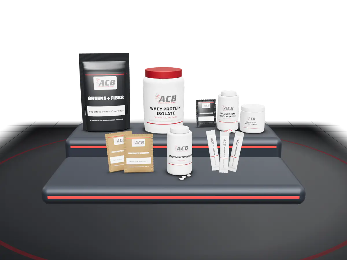 Six ACB packaging mockups on a lit display: a stand-up bag, a canister, capsules in a clear bottle with a jar and a packet, a bottle of tablets, two sachets and three stick packs