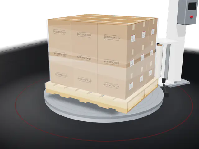 A pallet of ACB shipping cases being stretch-wrapped