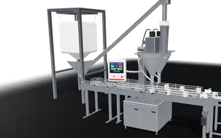 A filler measuring powder into canisters on the line
