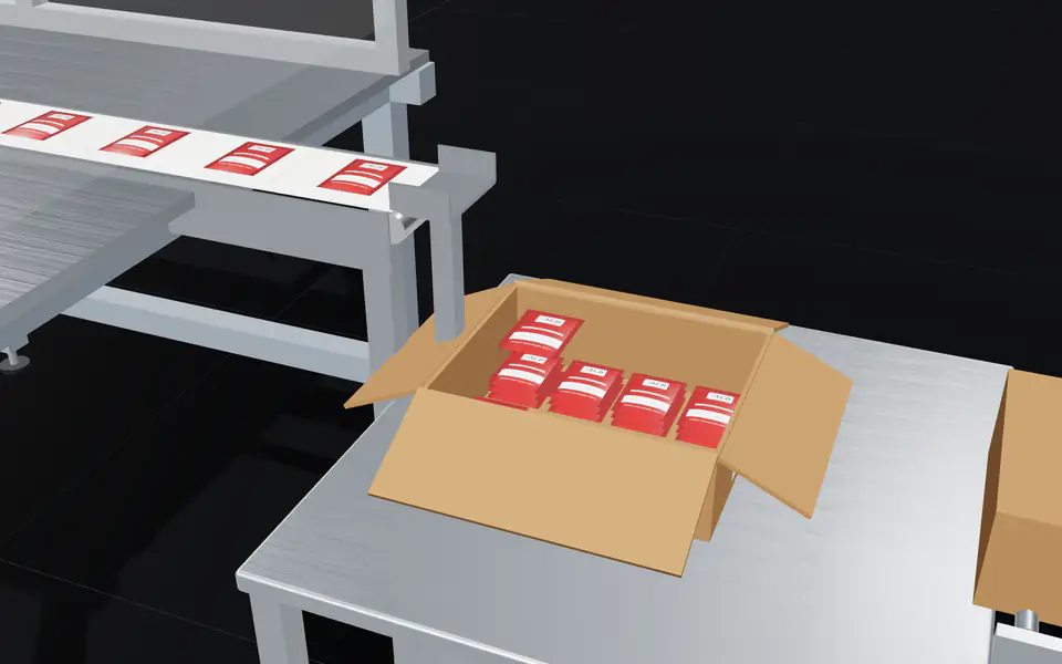 Finished sachets dropping into a shipping case