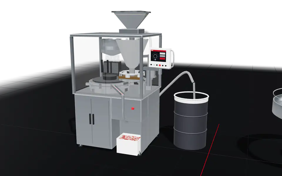 Capsules being filled on a rotary capsule filler