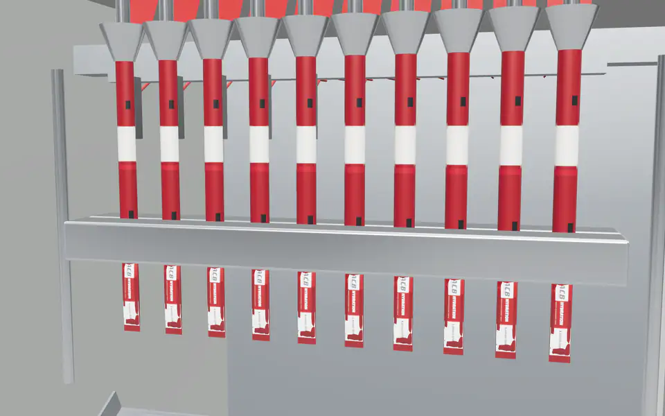 Stick packs being sealed across every lane