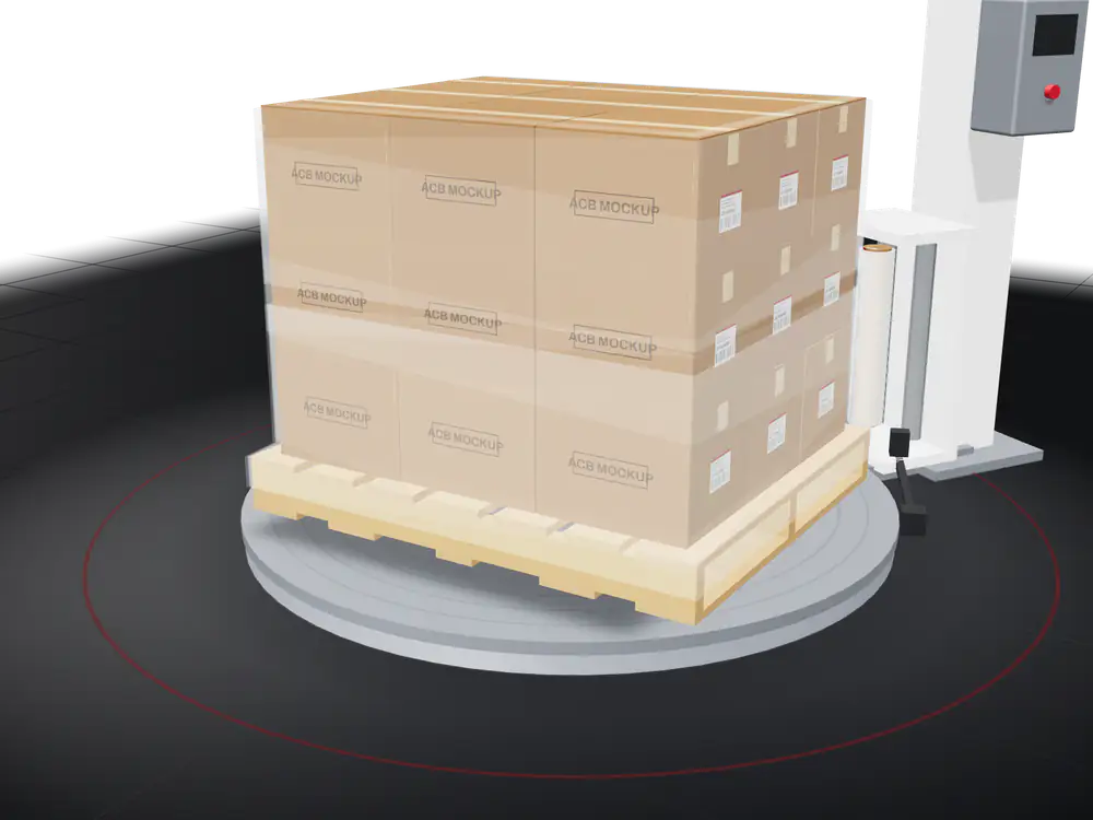 A pallet of ACB shipping cases being stretch-wrapped